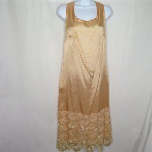 Vintage 60s/70s Peach Taffeta Midi Dress L Embroidered Lace Sleeveless Gatsby
